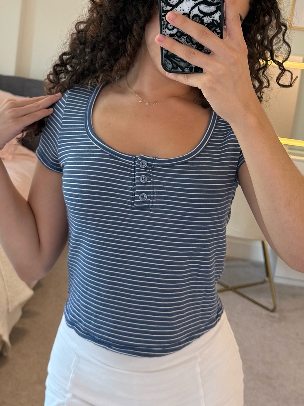 Pink Rose Blue Striped Scoop Neck Short Sleeve Top